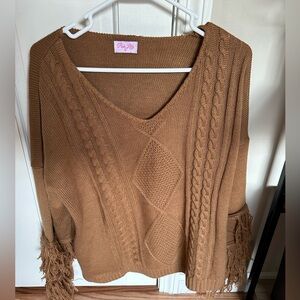 Pink Lily, fringe-sleeved, brown sweater